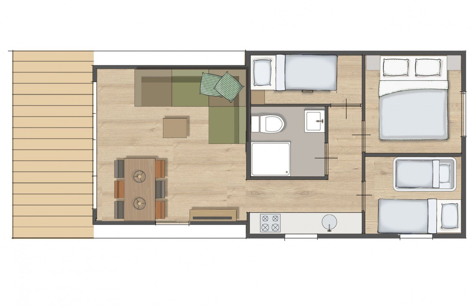 Plattegrond stip de pony lodge 5 personen met babybed